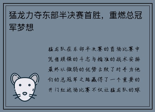 猛龙力夺东部半决赛首胜，重燃总冠军梦想